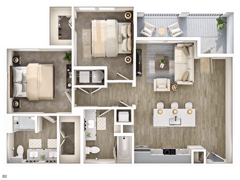 Floor plan for 2 beds, 2 baths, 1074 sqft